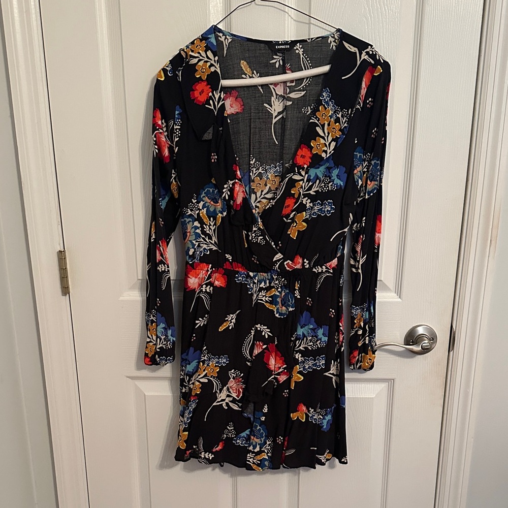 Express Floral Long Sleeve Dress - Black with Red and Blue